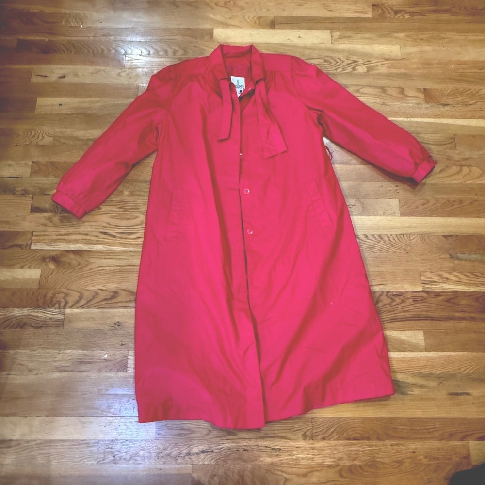 Vintage J. Gallery Pink Trench Coat Tie Neck Button Front Duster Jacket Size 10